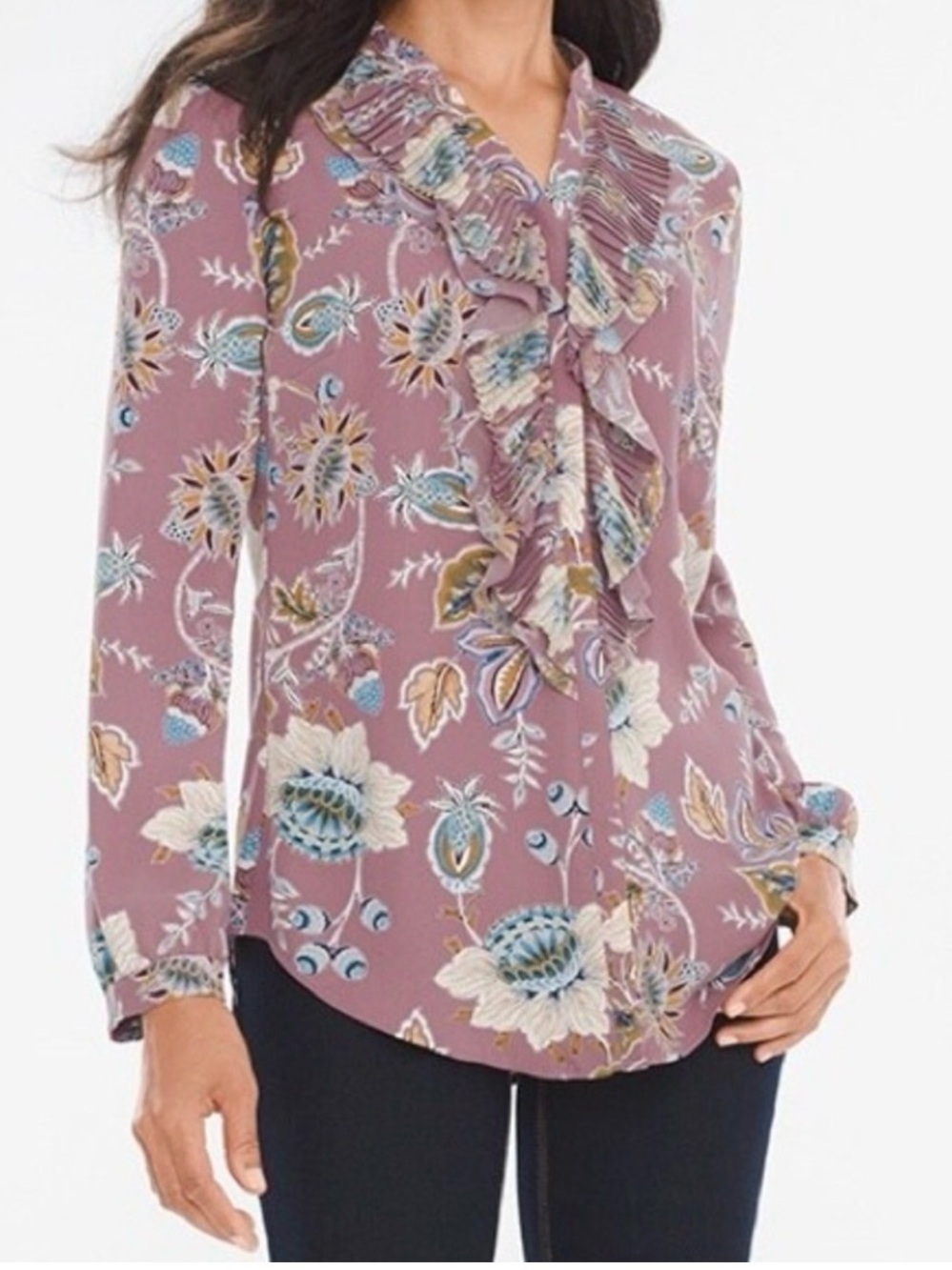 Chico's Mauve Pink Floral Ruffle V-Neck Blouse